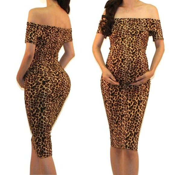 Got Style Leopard Off Shoulder Ruched Fitted Maternity Midi Dress - Picture 4 of 4